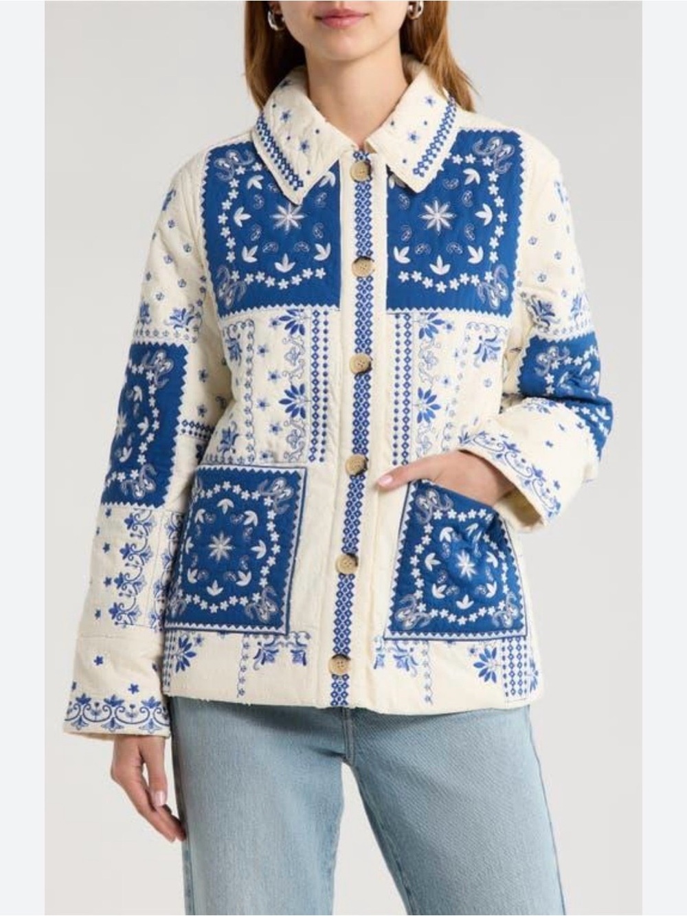 Sezane Smith In Blue Ecru Bandana Embroidered Quilted Floral Jacket Size 40